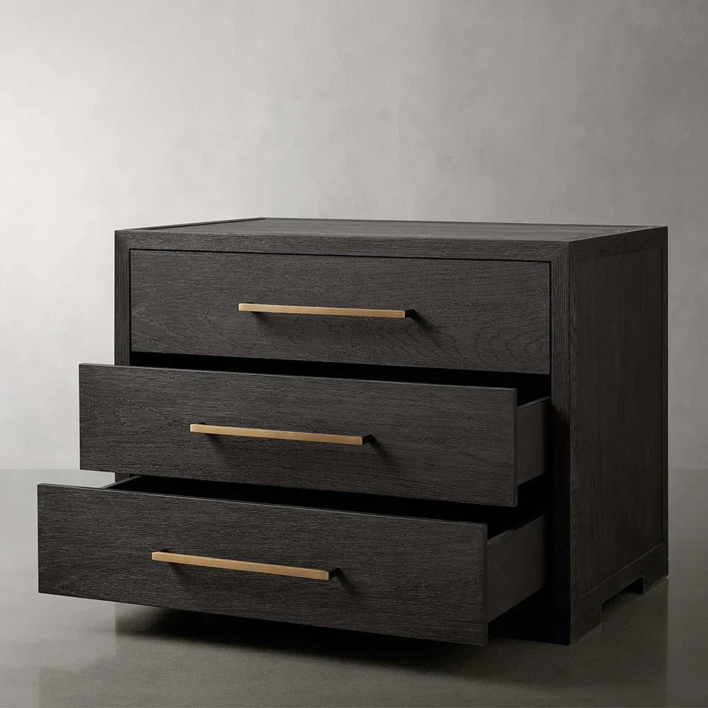 Darwyn Closed Nightstand with Solid Oak Wood & Oak Veneers Brass Handles Bedside Nightside Table 3-Drawer Cabinet