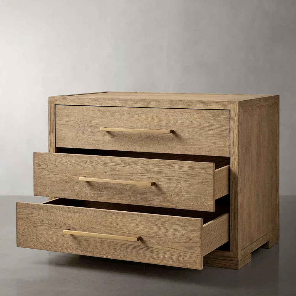Darwyn Closed Nightstand with Solid Oak Wood & Oak Veneers Brass Handles Bedside Nightside Table 3-Drawer Cabinet