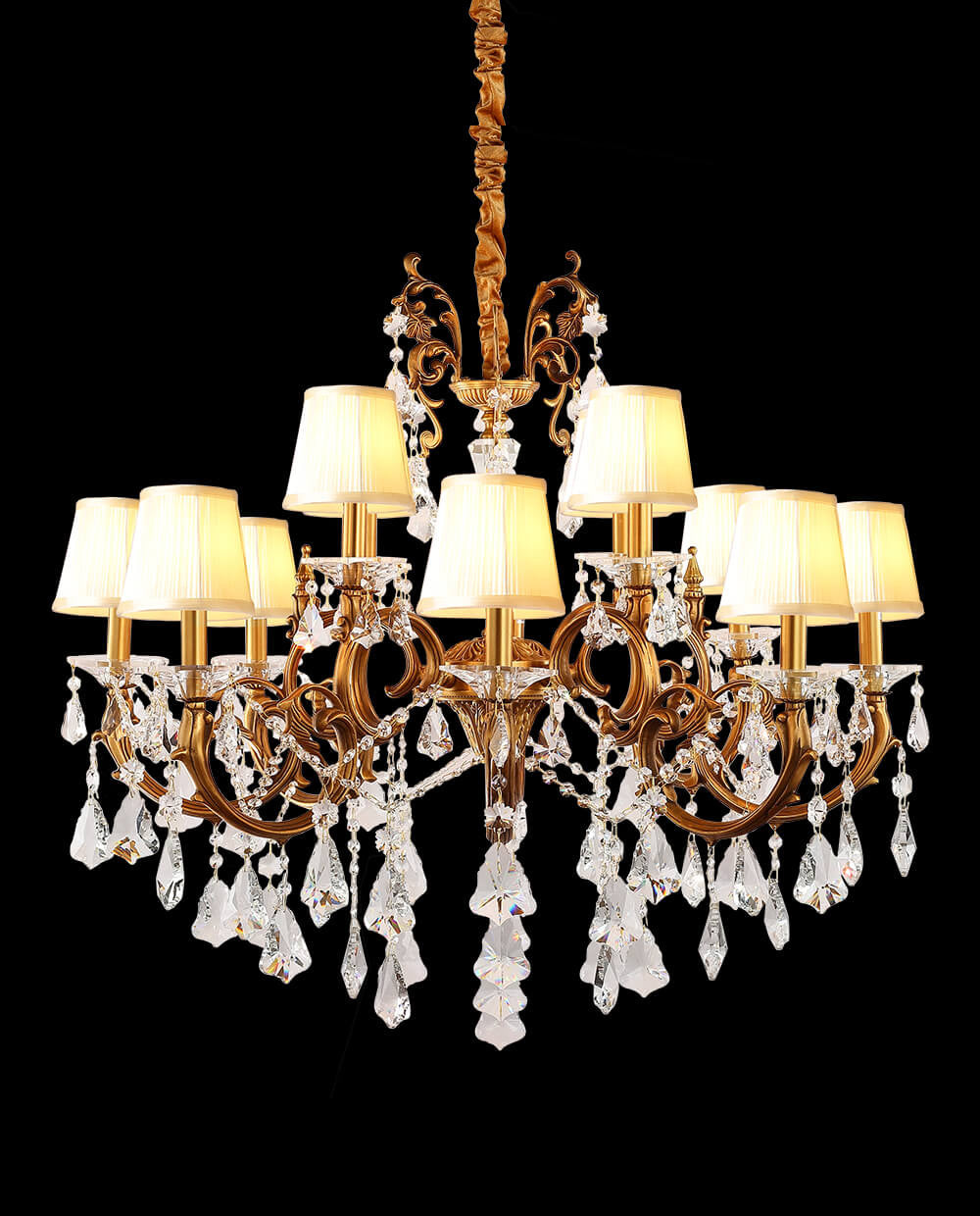 37X31 Inch 12 Lights Candle Style Antique Brass and Crystal Chandelier