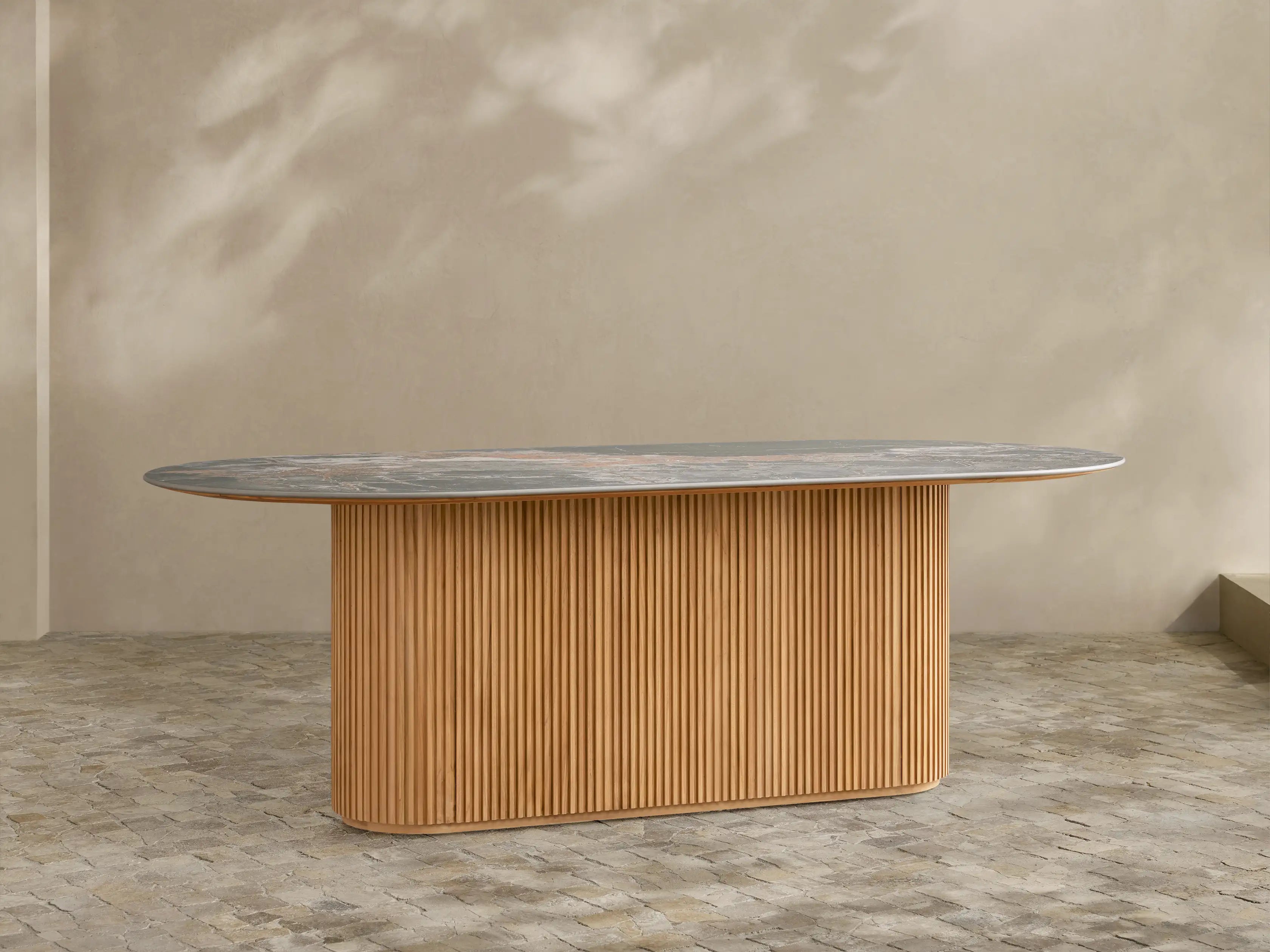 Beaumont Outdoor Teak Dining Table with Stone Top Modern Curved Dining Table