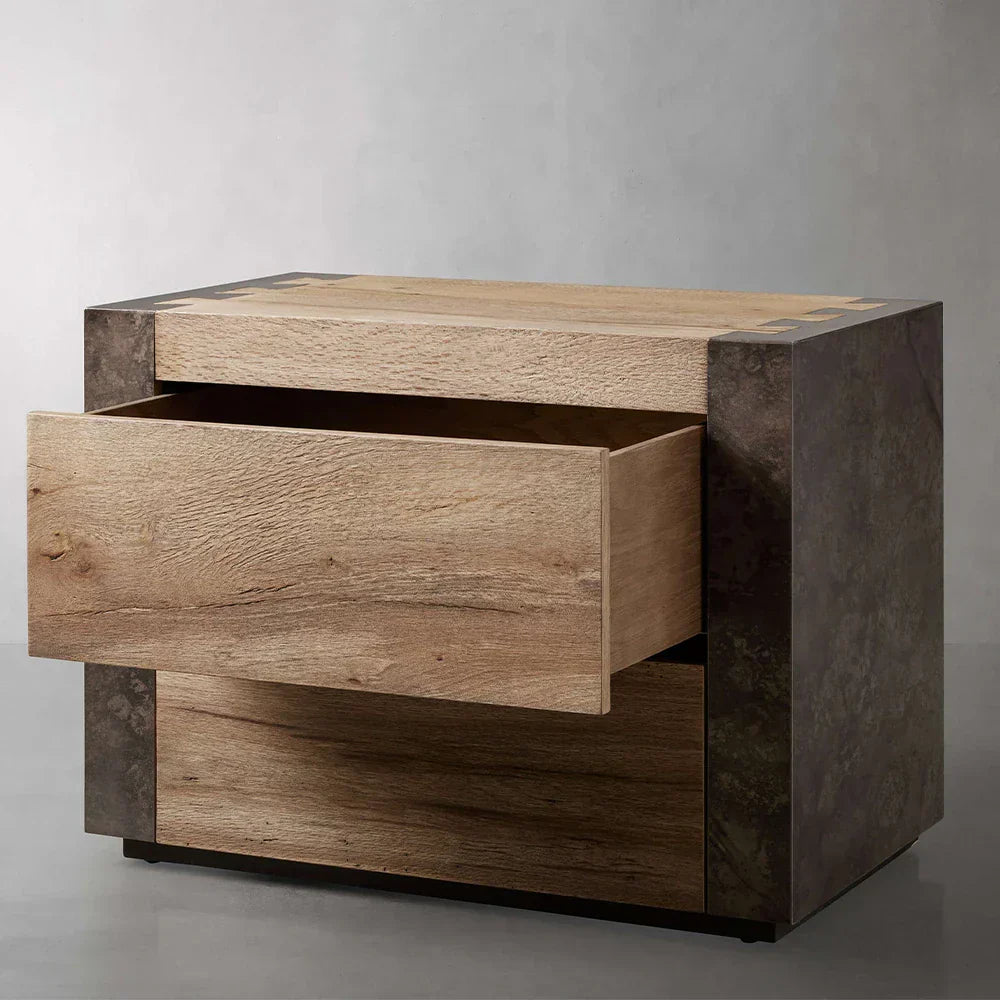 Telluride Closed Mexican Oak Nightstand Wood & Steel Nightside Table with TWO-Drawer Cabinet