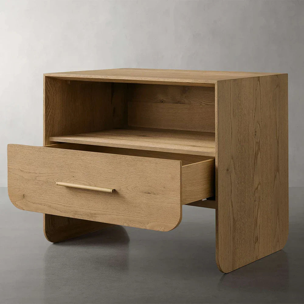 Felton Open Nightstand with Solid Oak Wood Bedside Nightside Cabinet with ONE-Drawer Cabinet Brass Drawer Pulls & Open Shelf