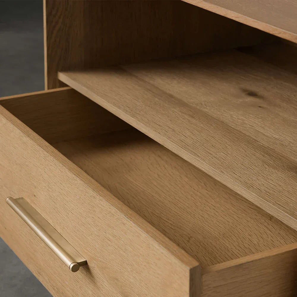 Felton Open Nightstand with Solid Oak Wood Bedside Nightside Cabinet with ONE-Drawer Cabinet Brass Drawer Pulls & Open Shelf