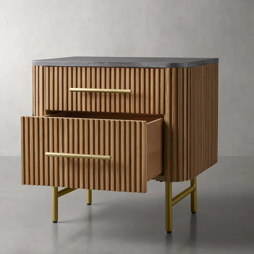 Finnley Closed Nightstand with Marble Stone Cabinet Wood Surfaces Tops 2-Drawer Bedside Nightside Table
