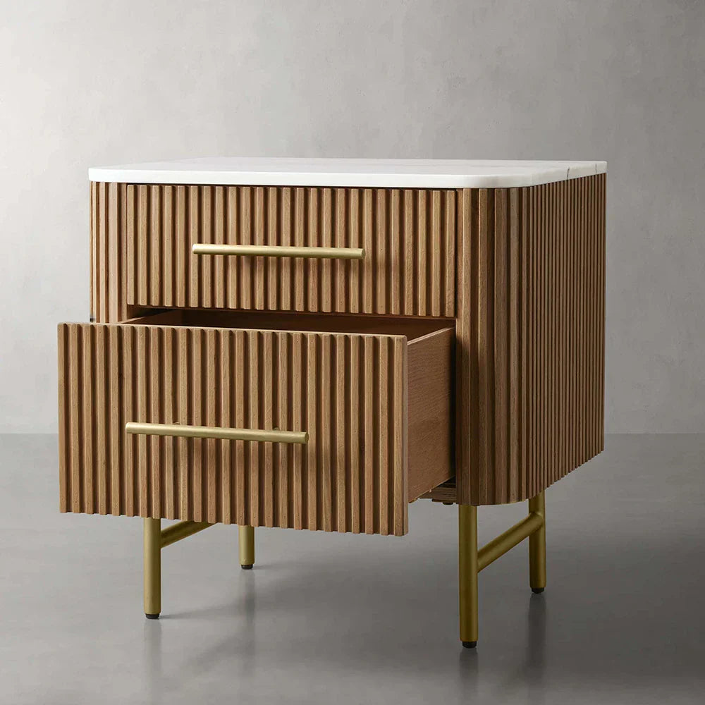 Finnley Closed Nightstand with Marble Stone Cabinet Wood Surfaces Tops 2-Drawer Bedside Nightside Table