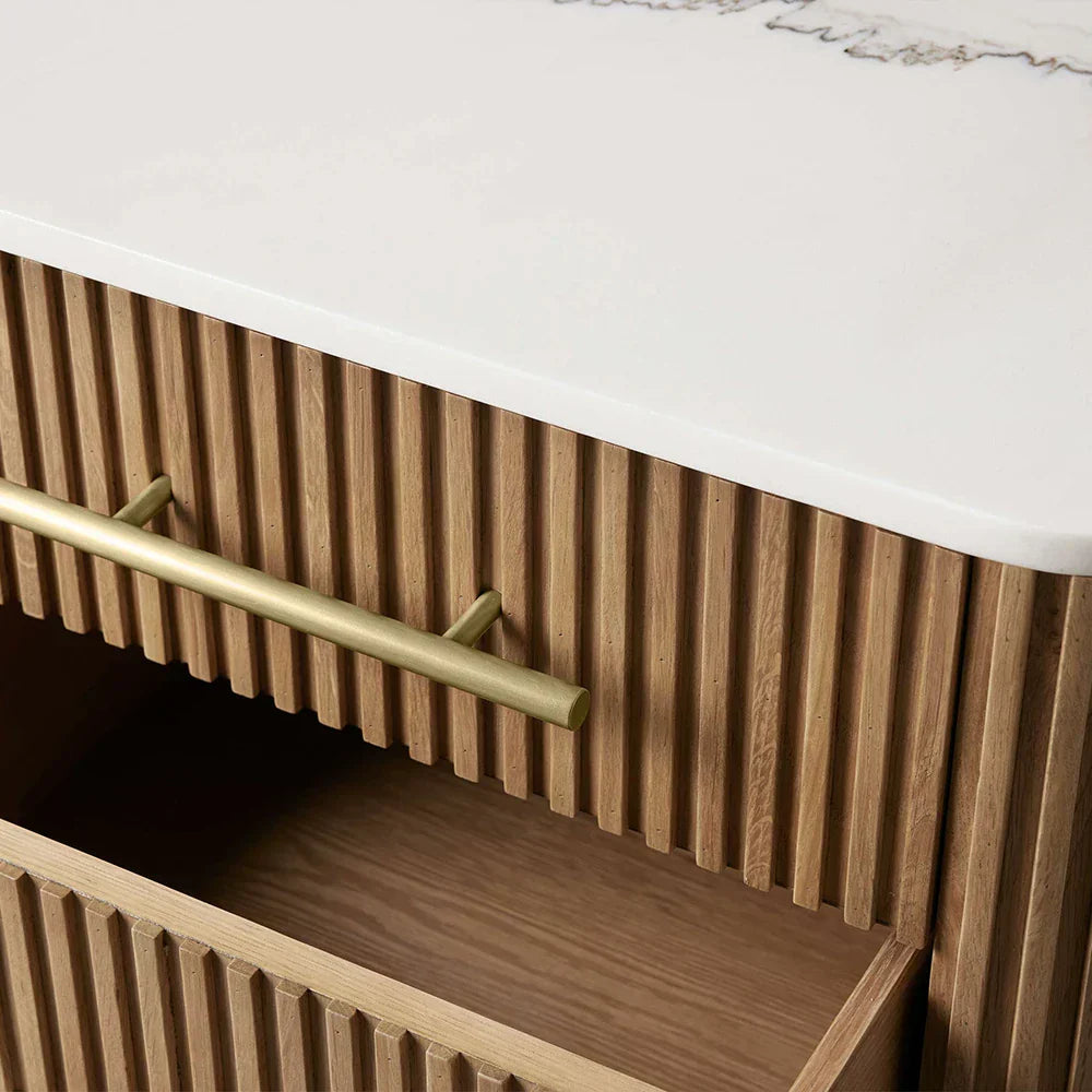 Finnley Closed Nightstand with Marble Stone Cabinet Wood Surfaces Tops 2-Drawer Bedside Nightside Table
