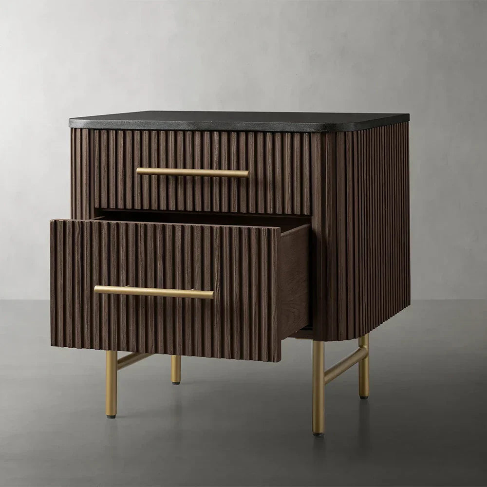 Finnley Closed Nightstand with Marble Stone Cabinet Wood Surfaces Tops 2-Drawer Bedside Nightside Table