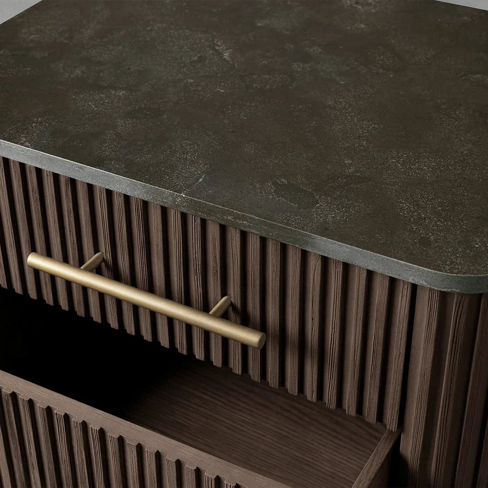 Finnley Closed Nightstand with Marble Stone Cabinet Wood Surfaces Tops 2-Drawer Bedside Nightside Table
