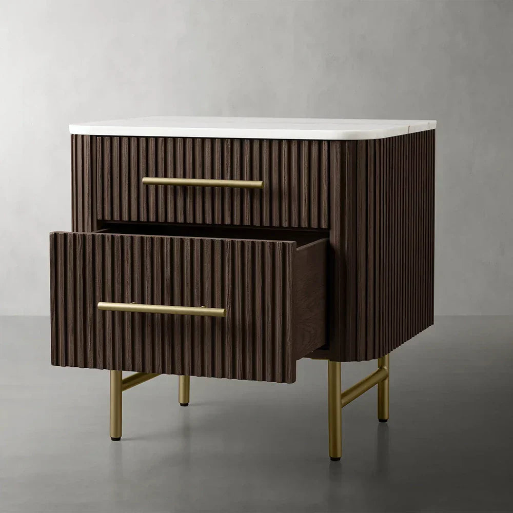 Finnley Closed Nightstand with Marble Stone Cabinet Wood Surfaces Tops 2-Drawer Bedside Nightside Table