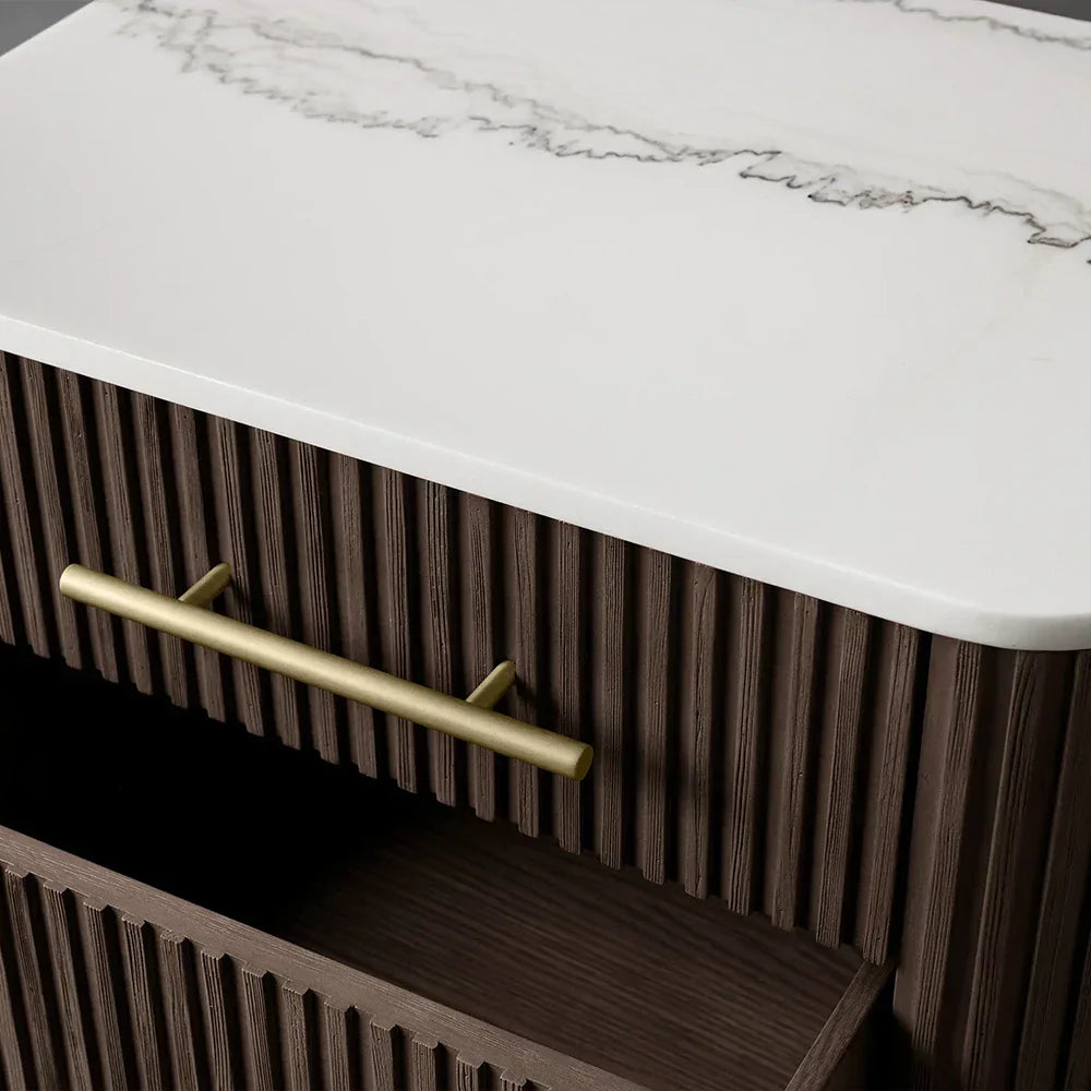 Finnley Closed Nightstand with Marble Stone Cabinet Wood Surfaces Tops 2-Drawer Bedside Nightside Table