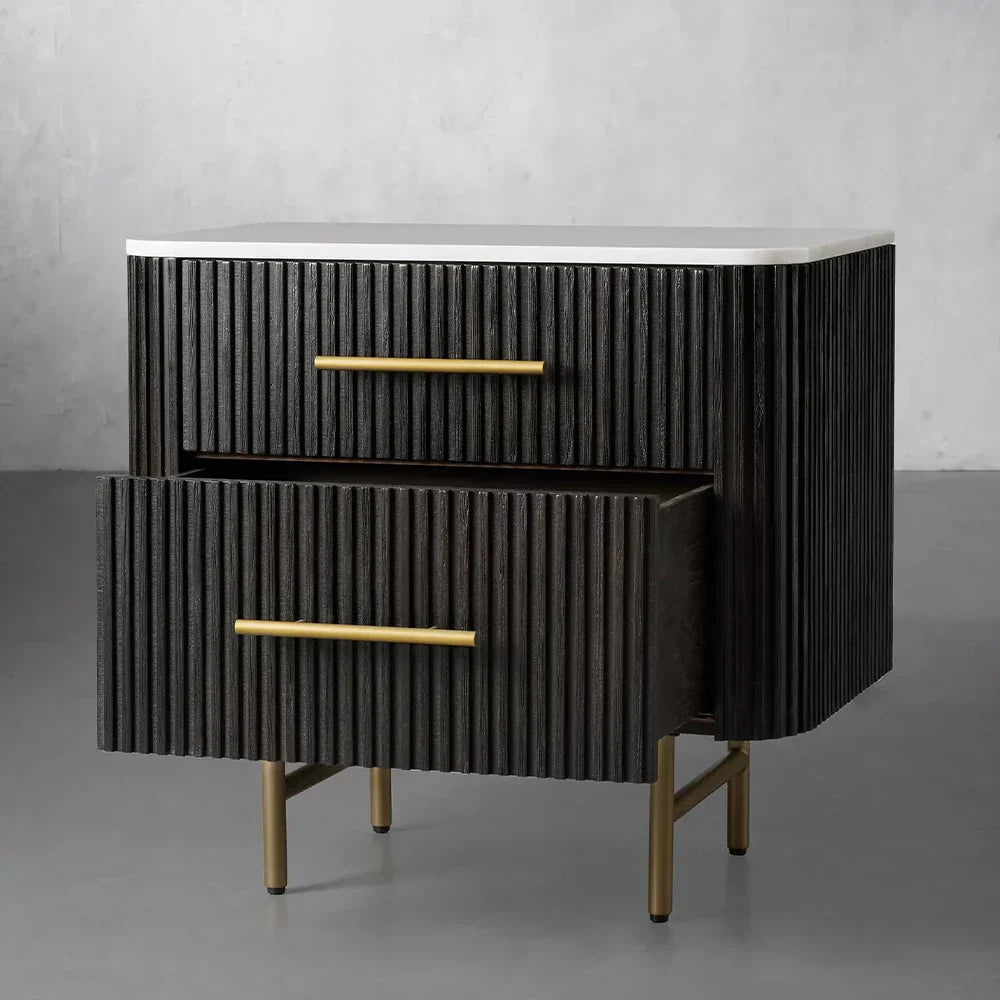 Finnley Closed Nightstand with Marble Stone Cabinet Wood Surfaces Tops 2-Drawer Bedside Nightside Table
