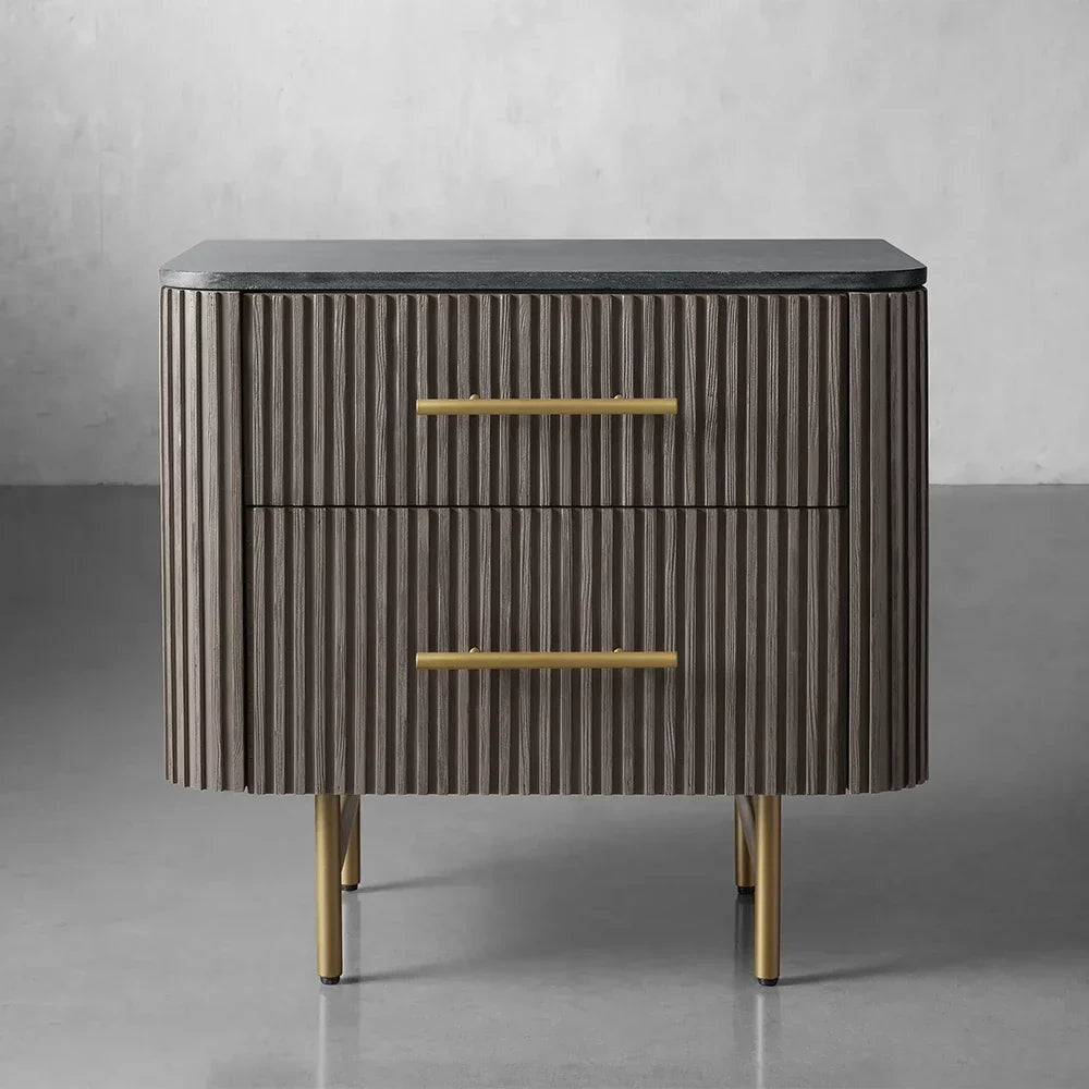 Finnley Closed Nightstand with Marble Stone Cabinet Wood Surfaces Tops 2-Drawer Bedside Nightside Table