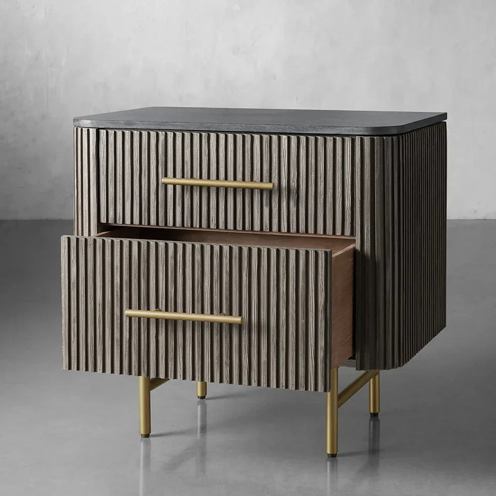 Finnley Closed Nightstand with Marble Stone Cabinet Wood Surfaces Tops 2-Drawer Bedside Nightside Table