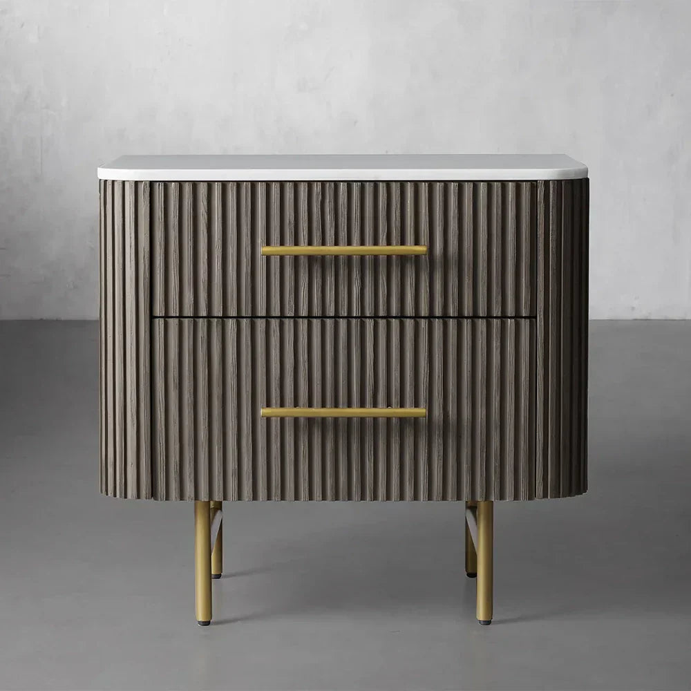 Finnley Closed Nightstand with Marble Stone Cabinet Wood Surfaces Tops 2-Drawer Bedside Nightside Table