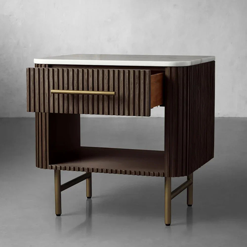 Finnley Open Nightstand with Natural Stone Top Bedside Nightside Table Wood ONE-Drawer Cabinet