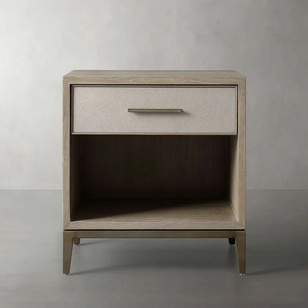 Malone Solid Wood Open Nightstand with 3-Drawers Cabinet Shagreen Leather Nightside Table