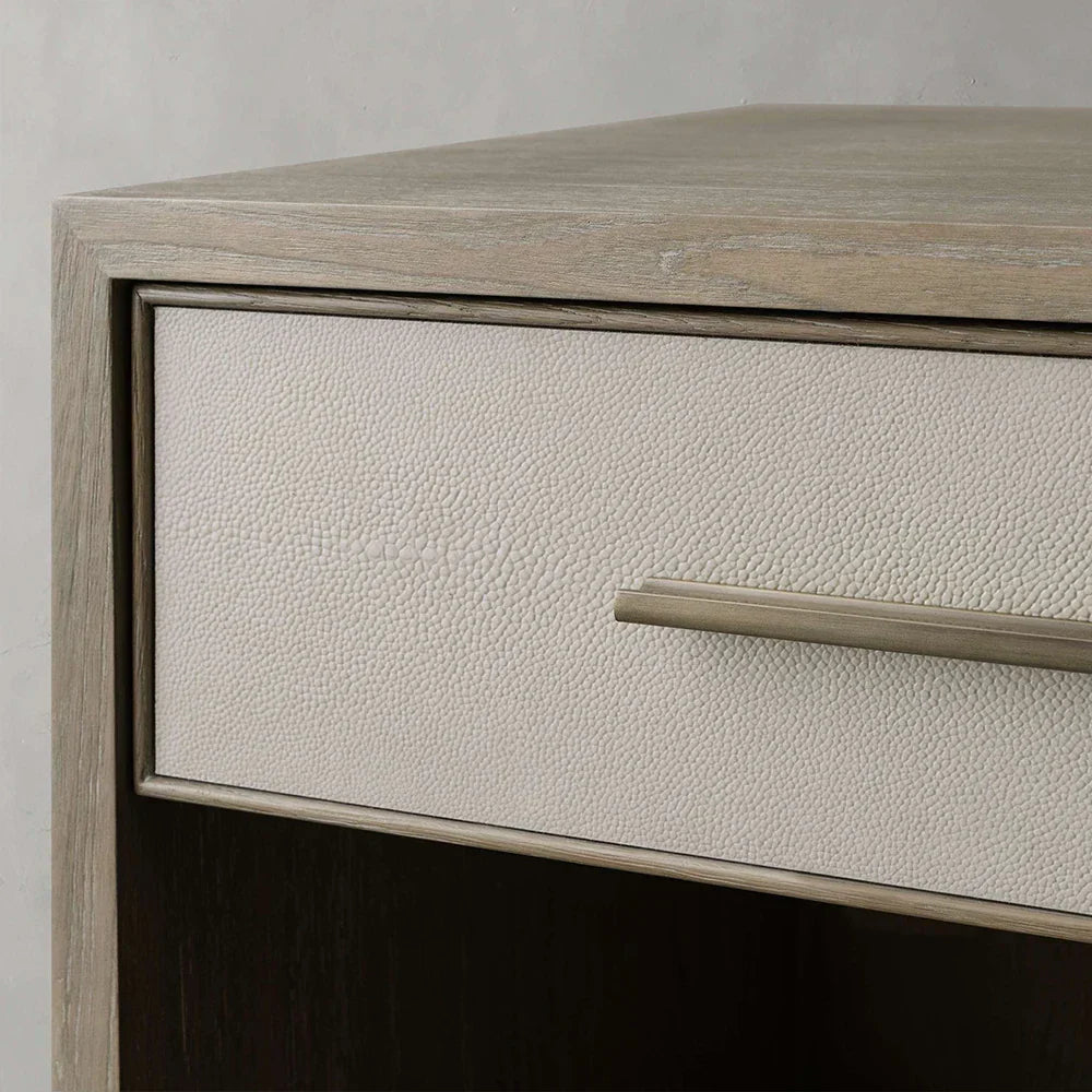 Malone Solid Wood Open Nightstand with 3-Drawers Cabinet Shagreen Leather Nightside Table
