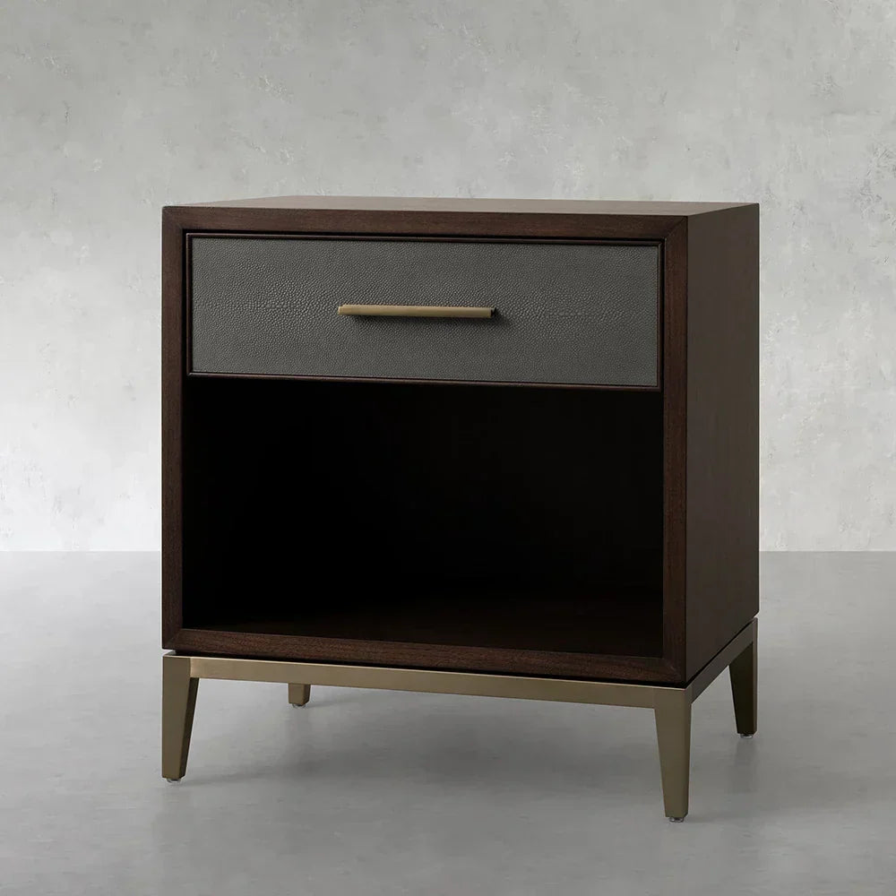 Malone Solid Wood Open Nightstand with 3-Drawers Cabinet Shagreen Leather Nightside Table