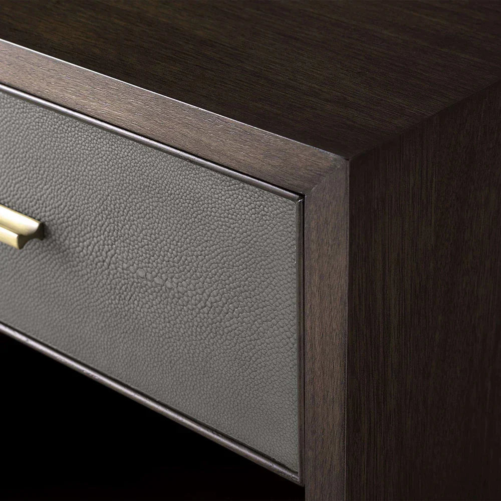 Malone Solid Wood Open Nightstand with 3-Drawers Cabinet Shagreen Leather Nightside Table