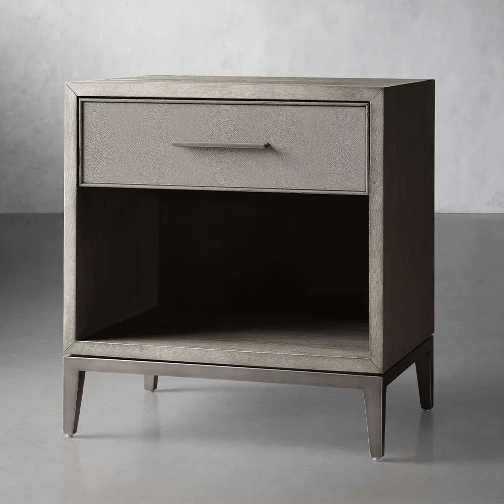 Malone Solid Wood Open Nightstand with 3-Drawers Cabinet Shagreen Leather Nightside Table