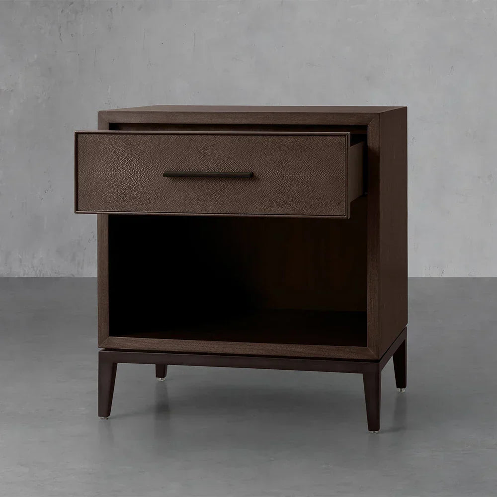 Malone Solid Wood Open Nightstand with 3-Drawers Cabinet Shagreen Leather Nightside Table