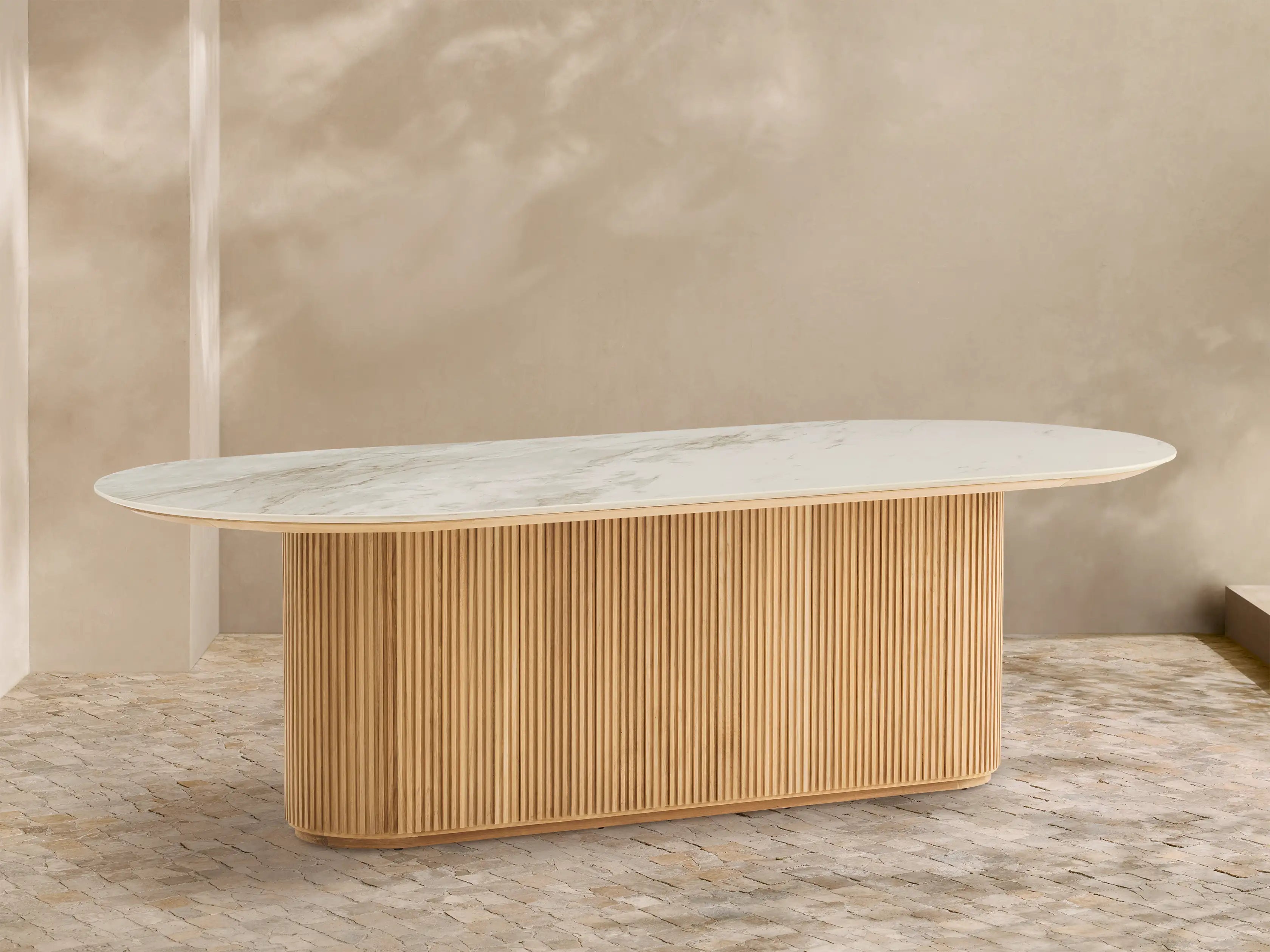 Beaumont Outdoor Teak Dining Table with Stone Top Modern Curved Dining Table