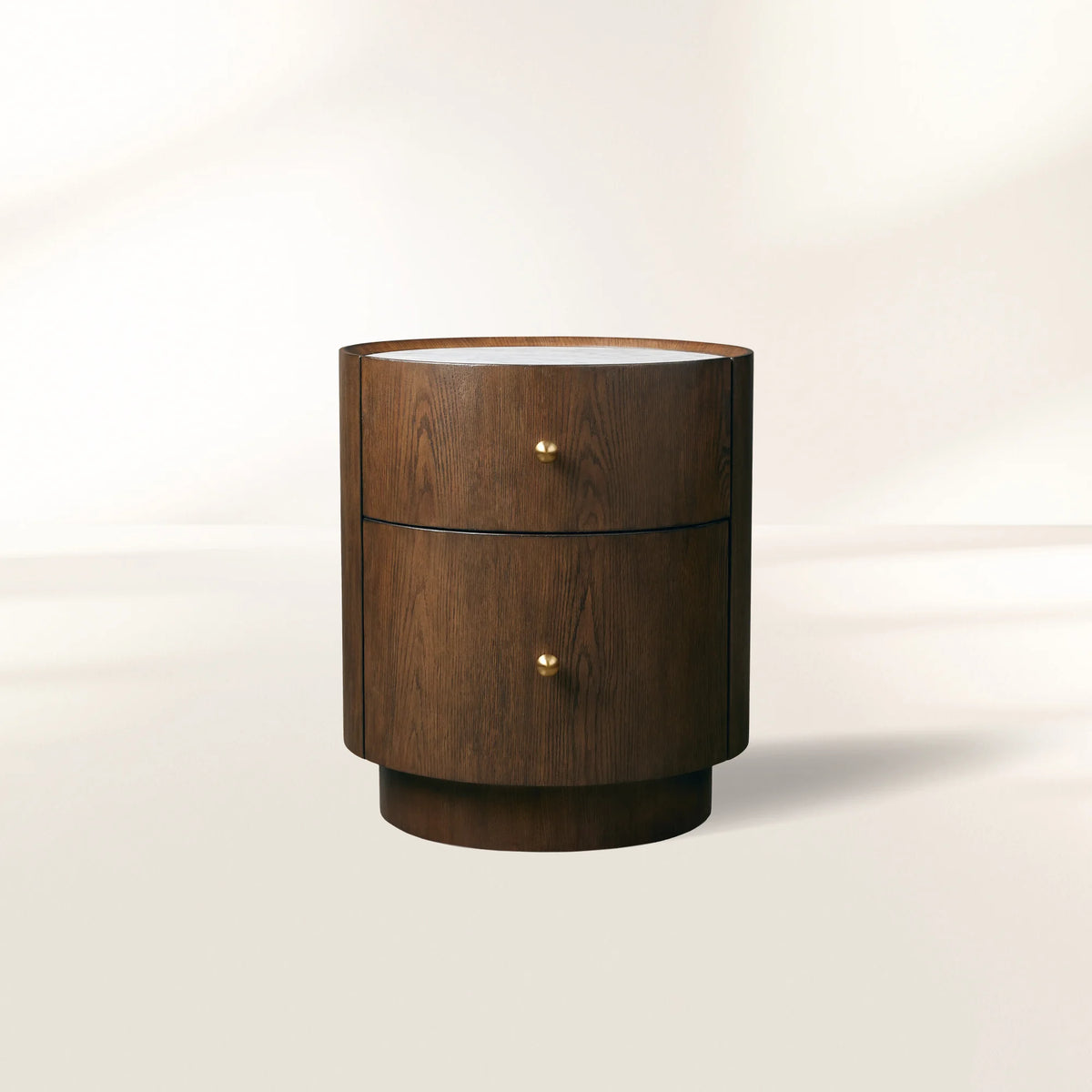 Ashbrook Round Nightstand Solid Oak Base Marble Bedside Table with 2 Soft-Close Drawers