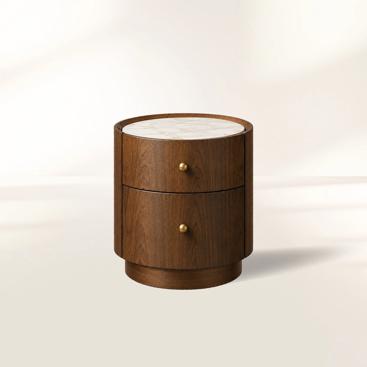 Ashbrook Round Nightstand Solid Oak Base Marble Bedside Table with 2 Soft-Close Drawers