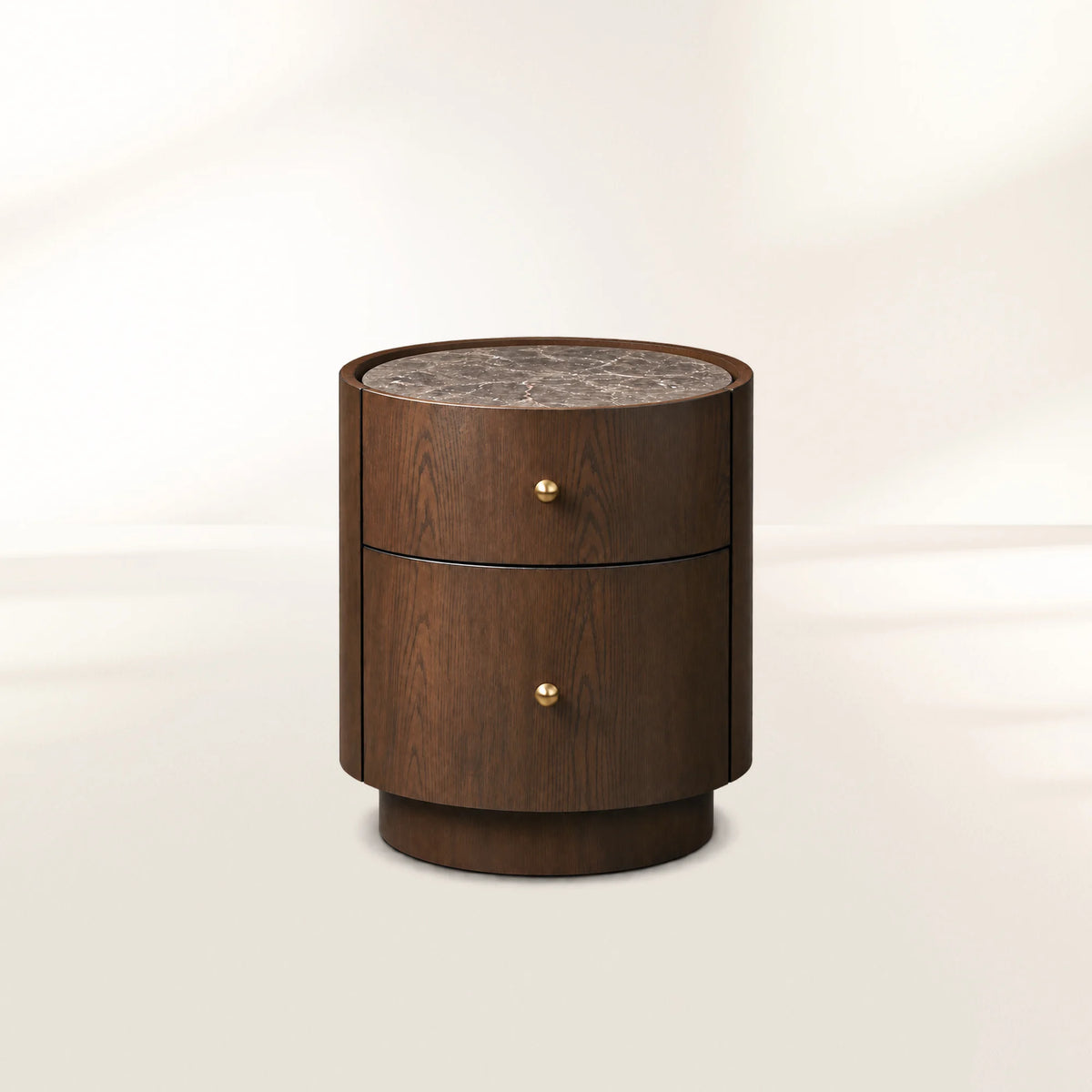 Ashbrook Round Nightstand Solid Oak Base Marble Bedside Table with 2 Soft-Close Drawers