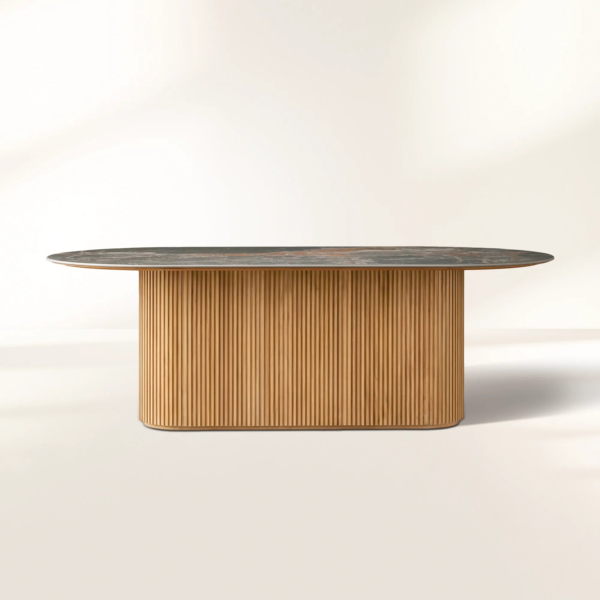 Beaumont Outdoor Teak Dining Table with Stone Top Modern Curved Dining Table