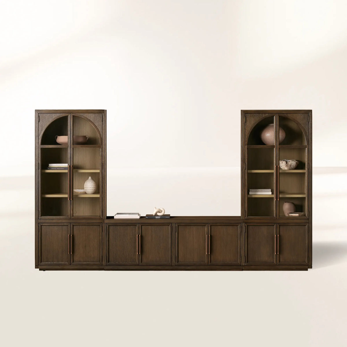 Hattie Arched Glass Cabinet 3-Piece Wall Unit with Oak Media Console