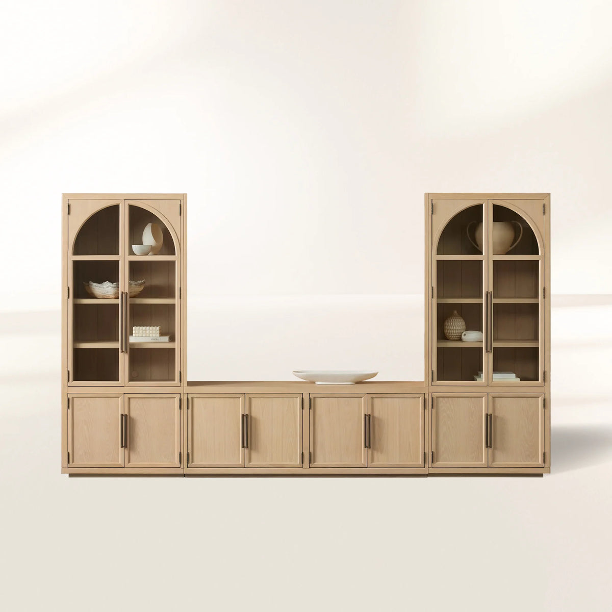 Hattie Arched Glass Cabinet 3-Piece Wall Unit with Oak Media Console