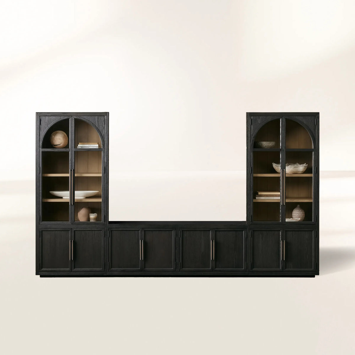 Hattie Arched Glass Cabinet 3-Piece Wall Unit with Oak Media Console