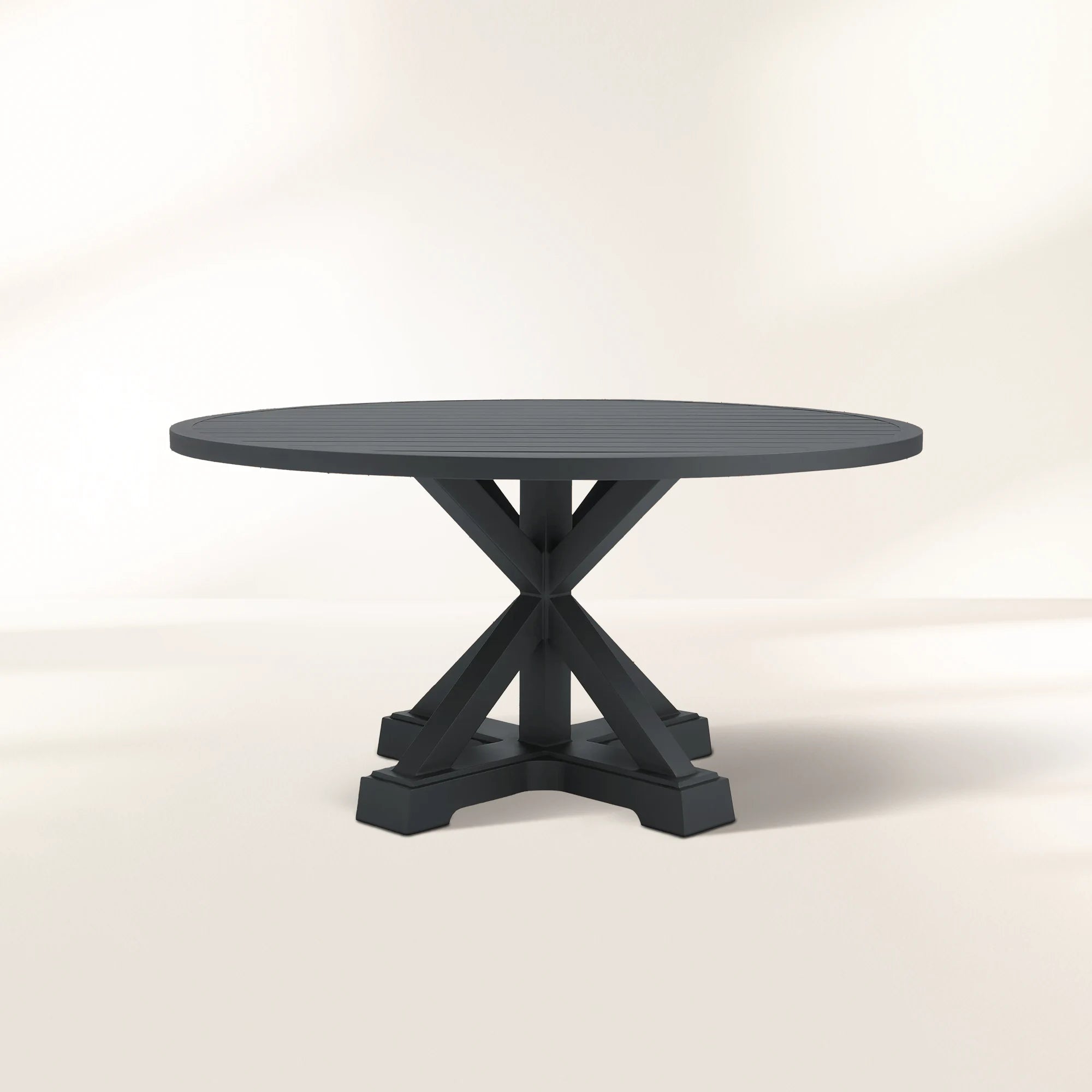 Montego Outdoor Aluminum Round Dining Table with X-Base Slatted Top Black Dining Table