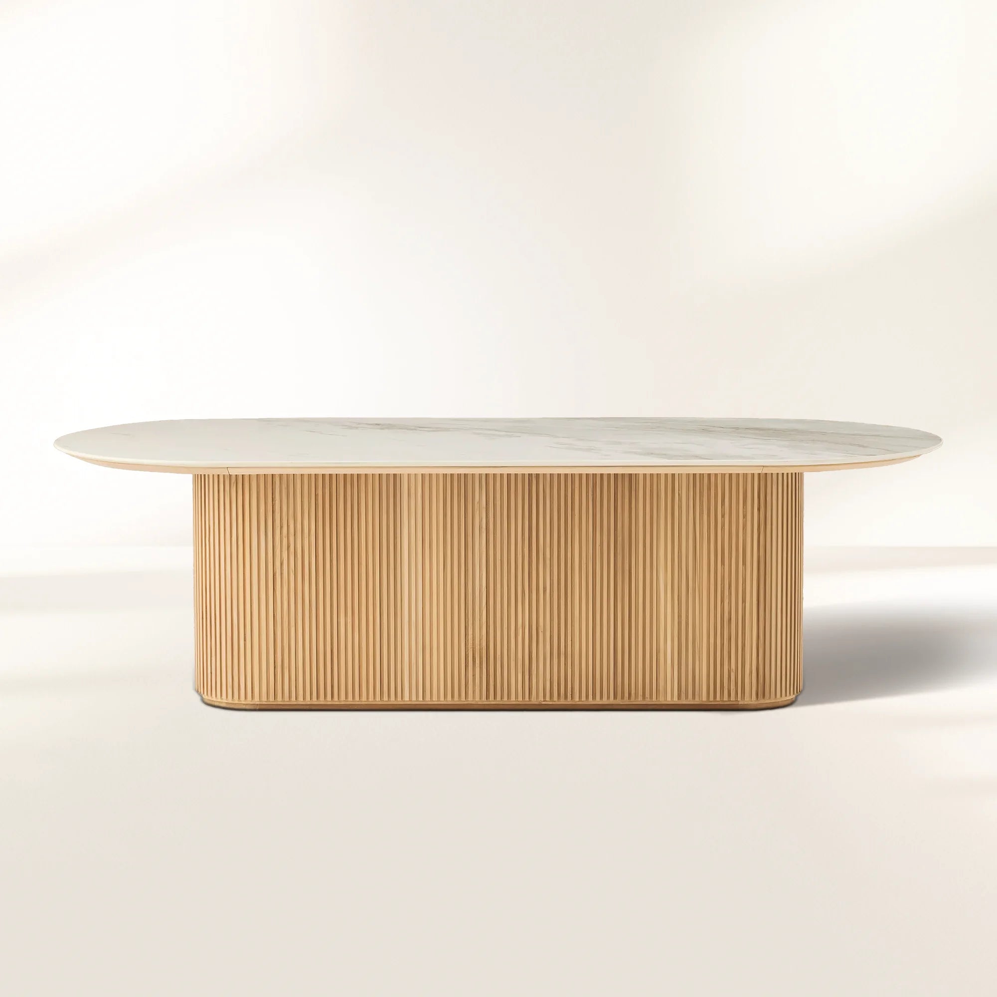Beaumont Outdoor Teak Dining Table with Stone Top Modern Curved Dining Table
