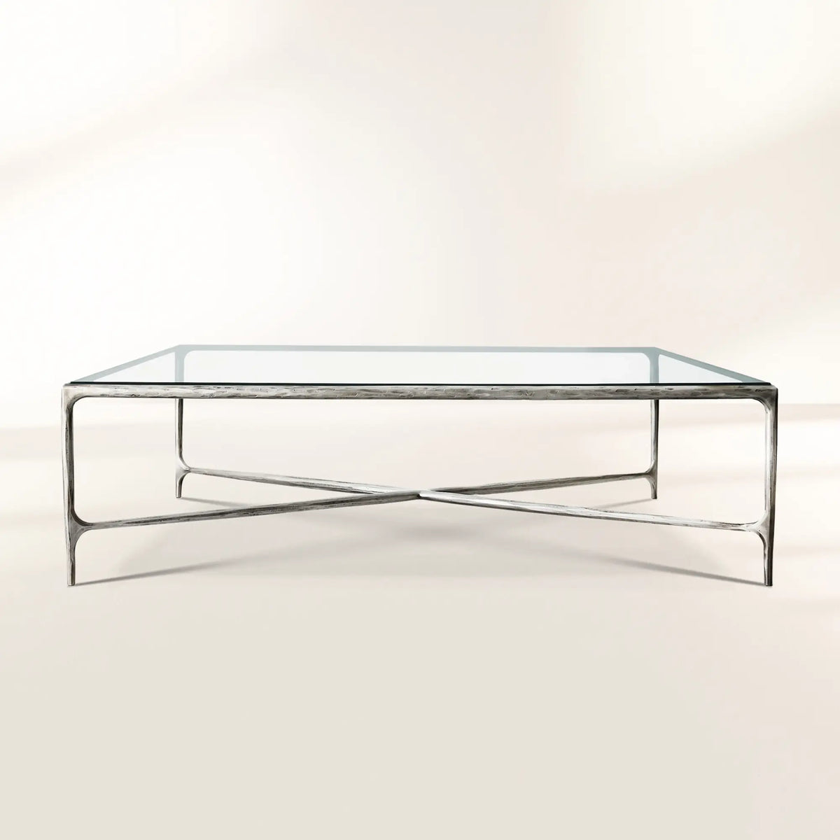 Thaddeus Hand-Forged Glass Coffee Table Square Metal for Living Room