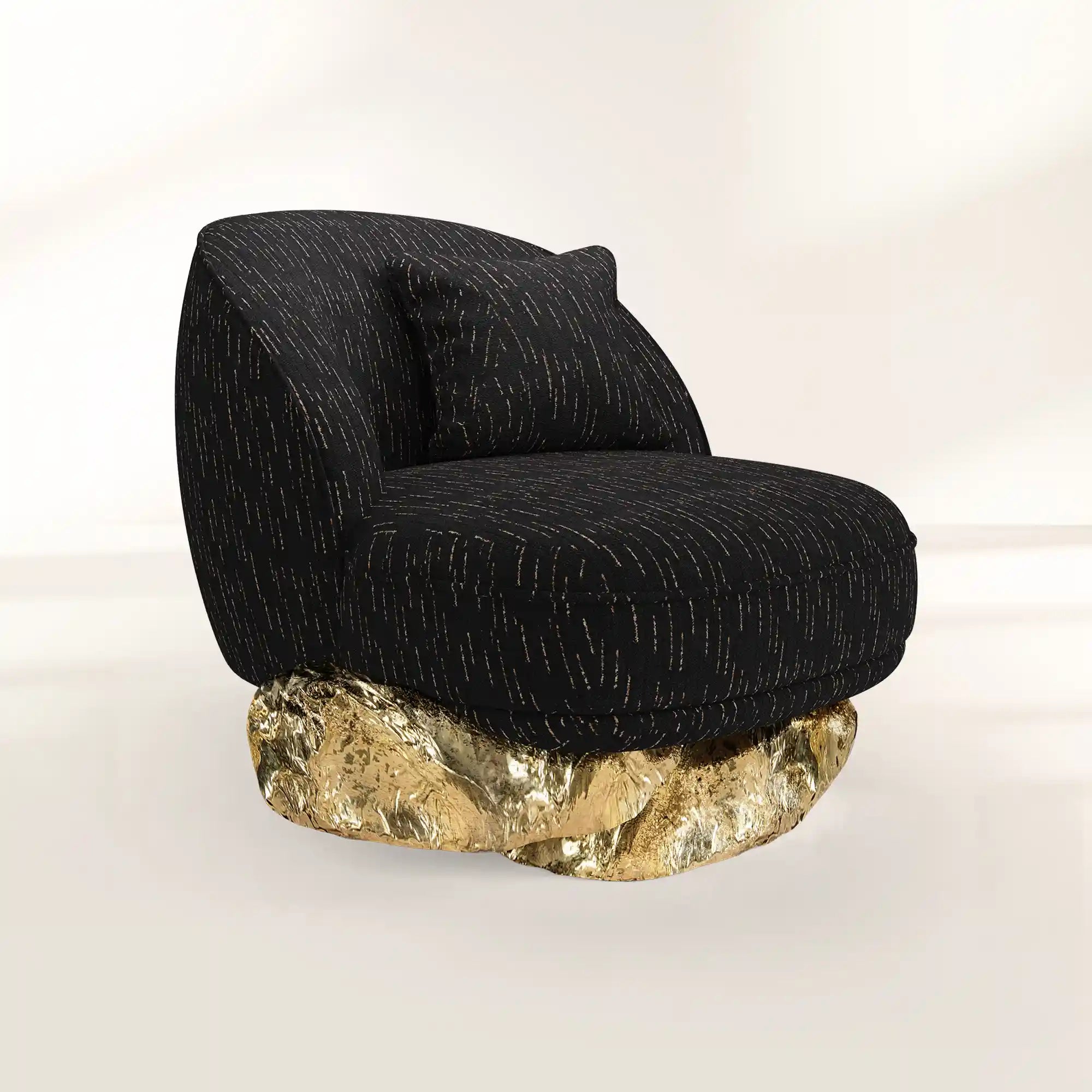 Luxury Sculptural Armchair with Polished Hammered Brass Base & Organic Curved Design