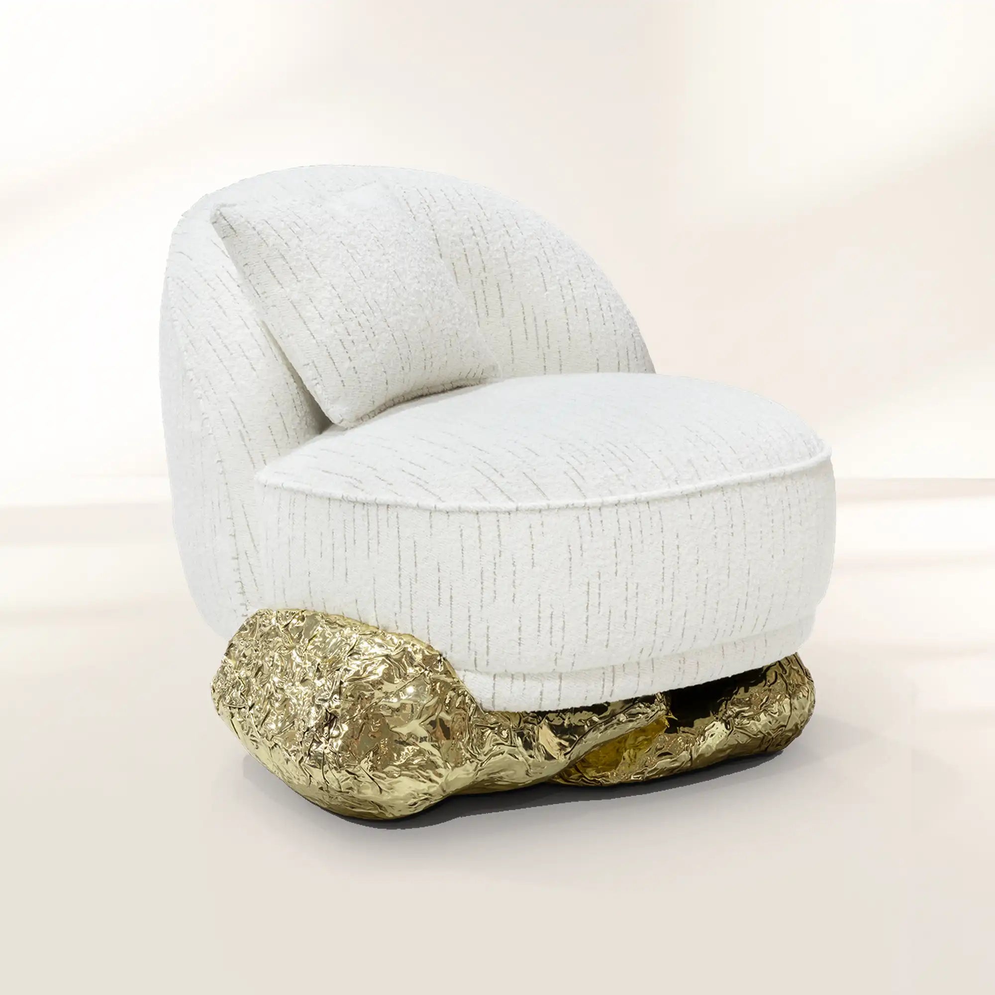 Luxury Sculptural Armchair with Polished Hammered Brass Base & Organic Curved Design