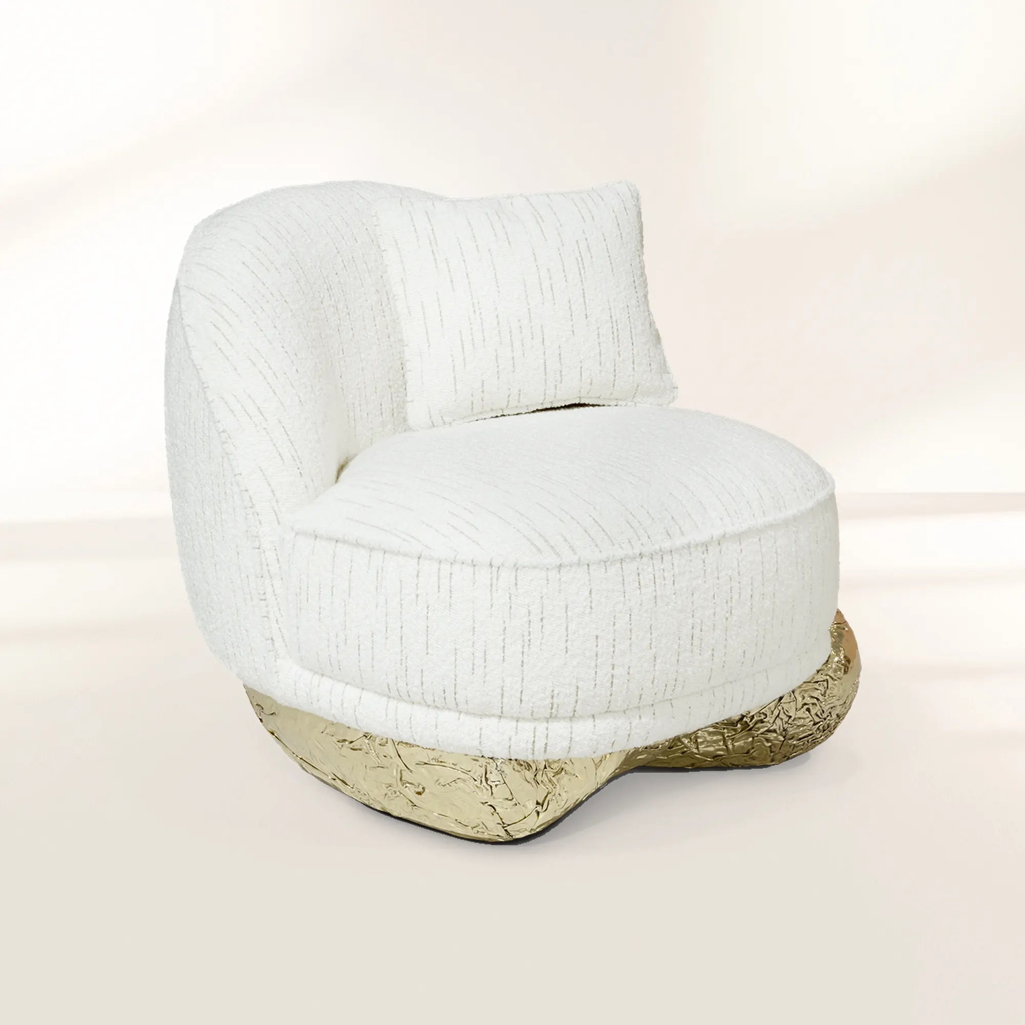 Luxury Sculptural Armchair with Polished Hammered Brass Base & Organic Curved Design