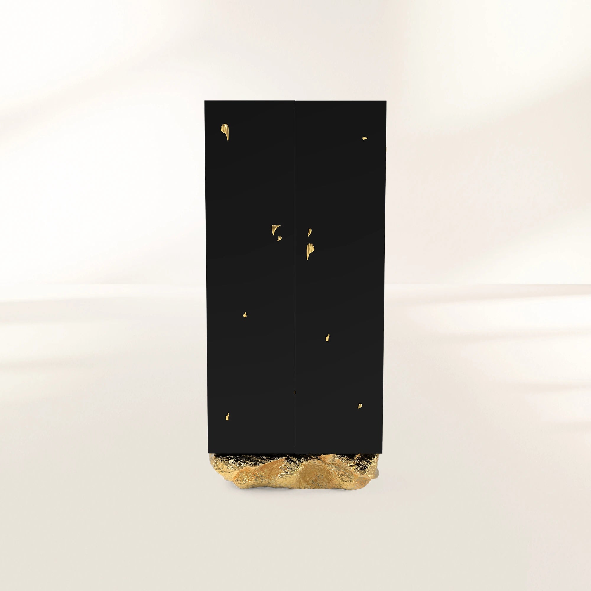 Luxury Marble Curio Cabinet with Brass Base, Glass Display Shelves & Hidden Storage