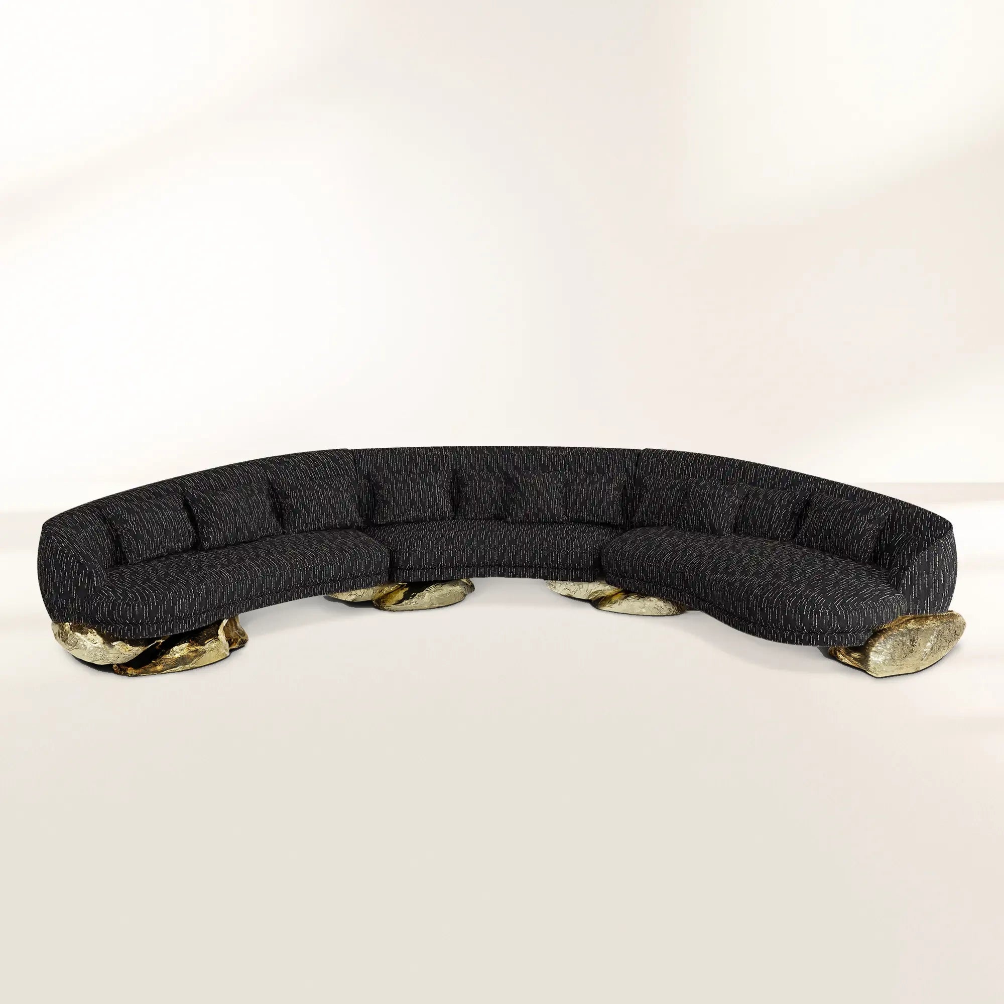 Luxury Sculptural Curved Sofa with Polished Hammered Brass Base & Organic Design