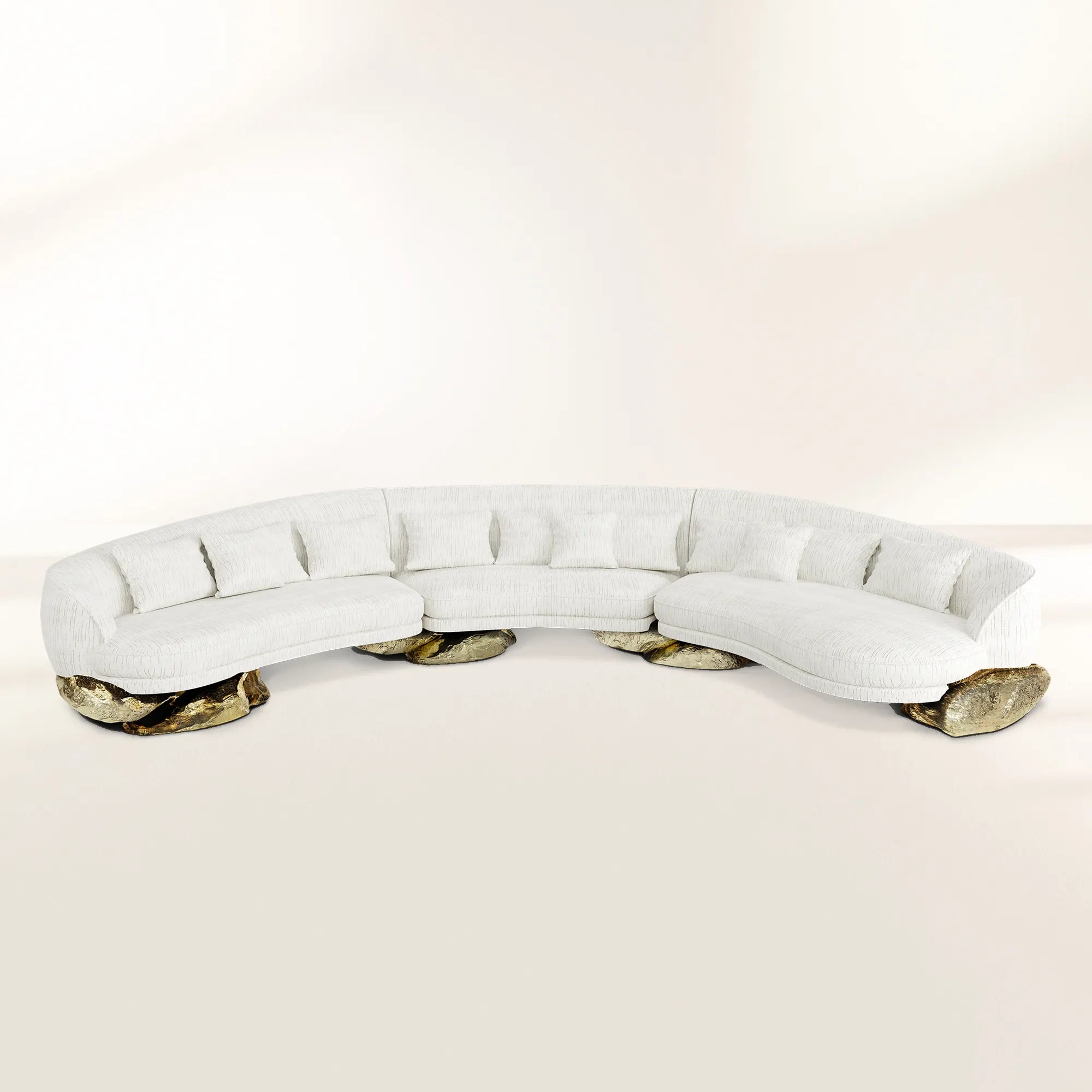 Luxury Sculptural Curved Sofa with Polished Hammered Brass Base & Organic Design