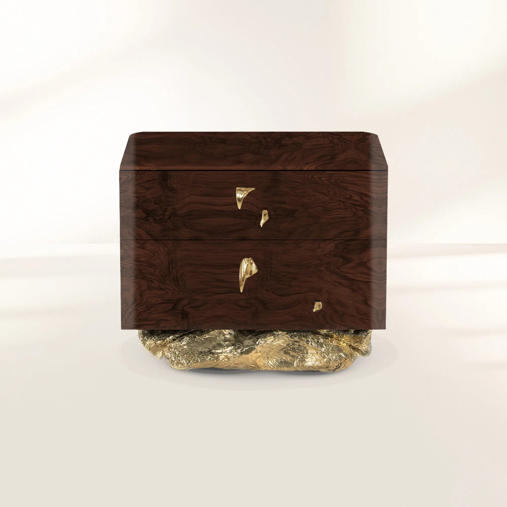 Angra Small Walnut Root Organic Gold Base Luxury Nightstand