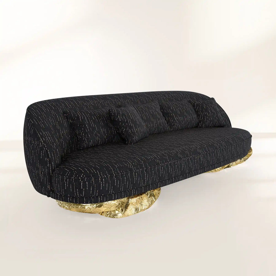 Luxury Sculptural Sofa with Polished Hammered Brass Base & Organic Curved Design