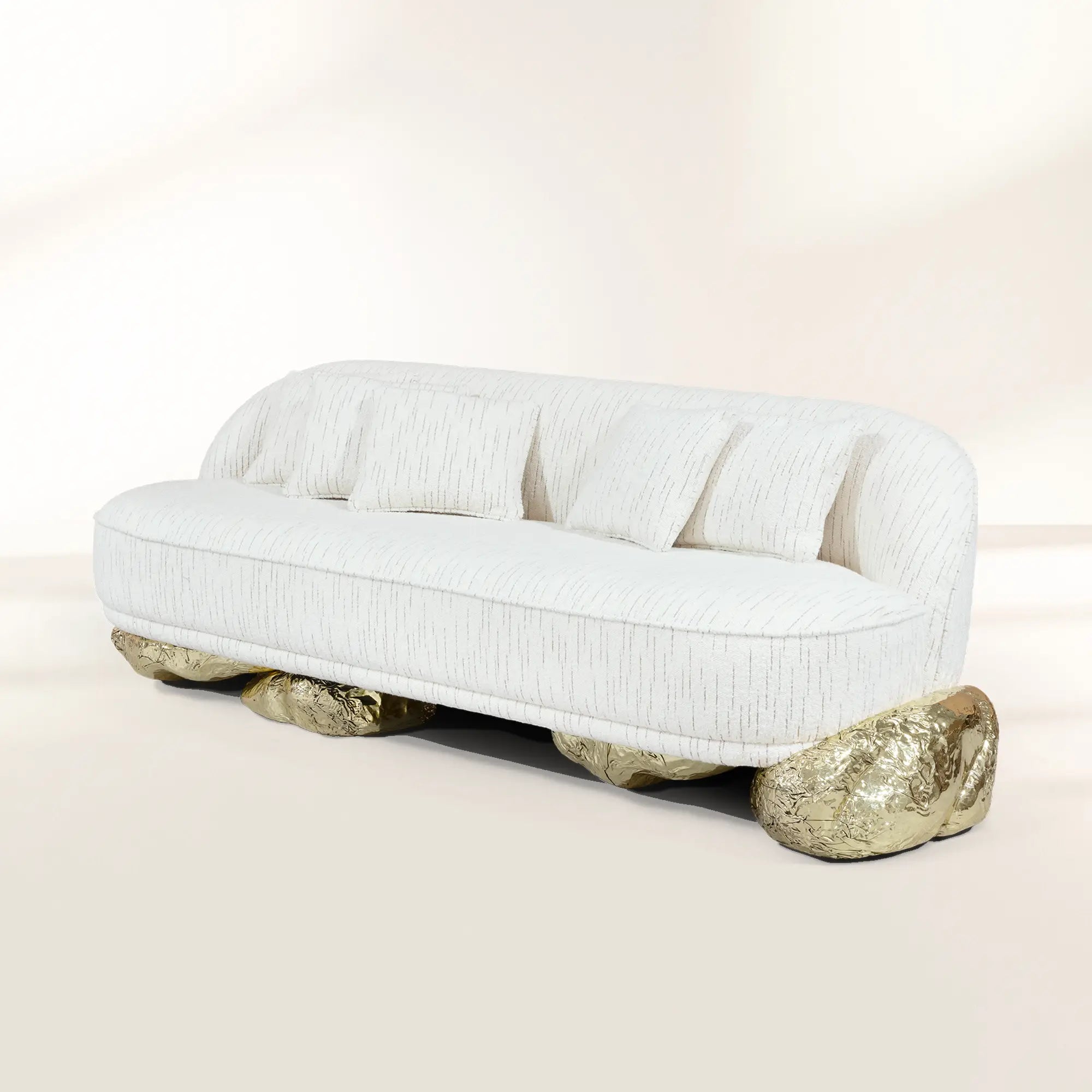 Luxury Sculptural Sofa with Polished Hammered Brass Base & Organic Curved Design