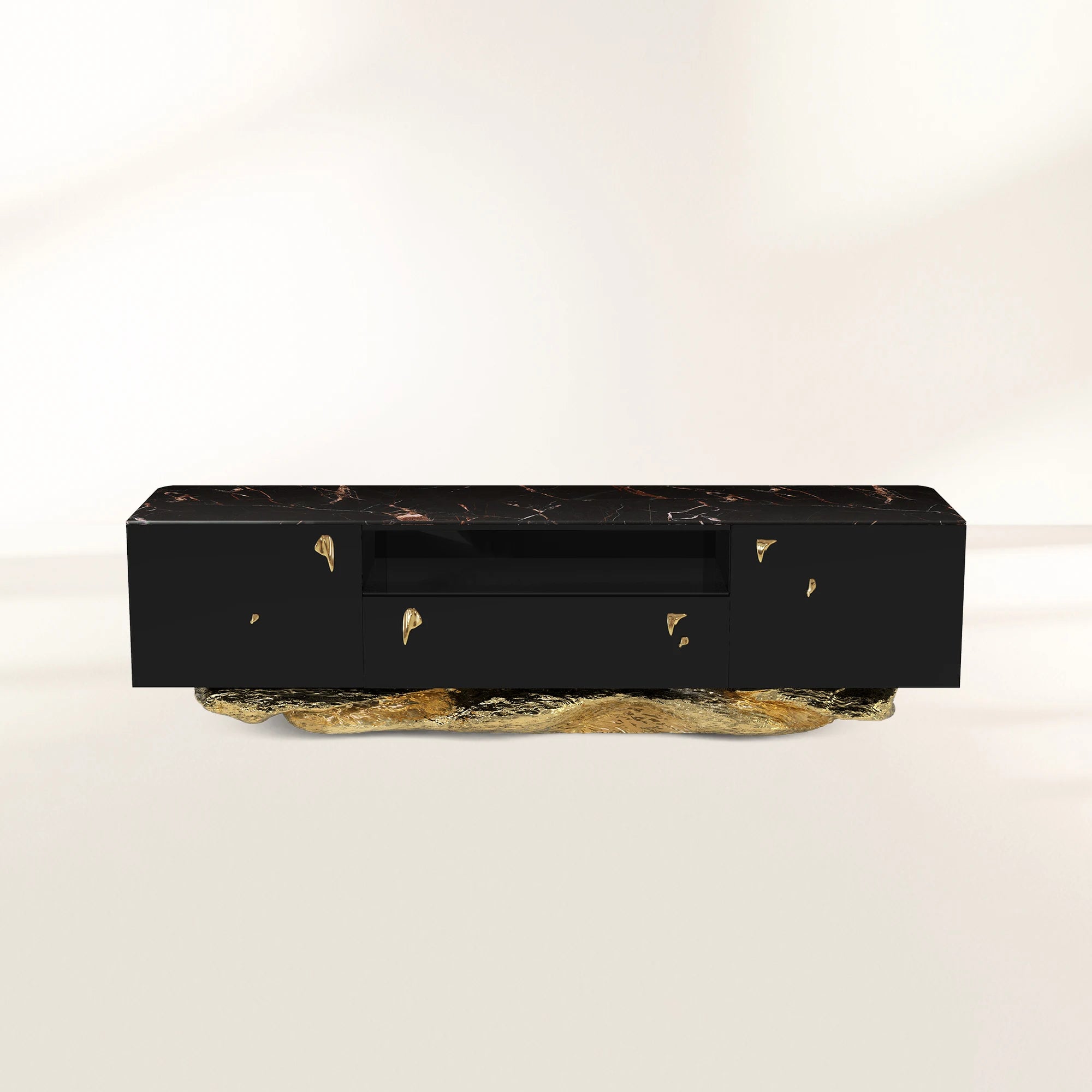Luxury Black Gold Media Console with Marble Top & Hidden Storage