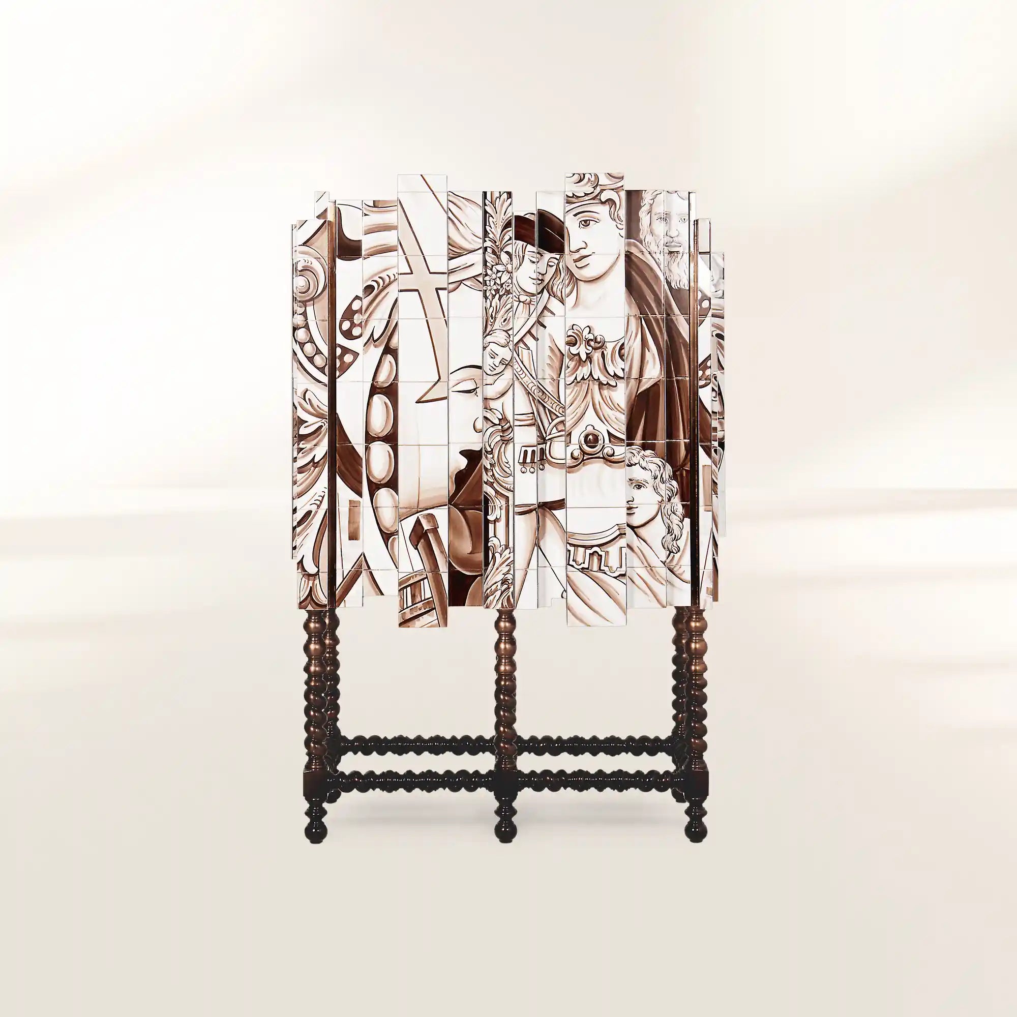 Luxury Hand-Painted Tile Cabinet with Mirrored Details & Collector Storage