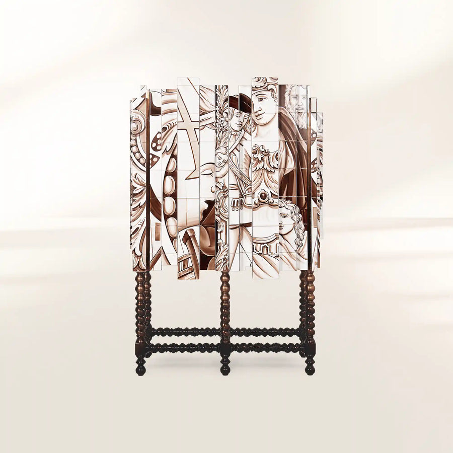 Luxury Hand-Painted Tile Cabinet with Mirrored Details & Collector Storage