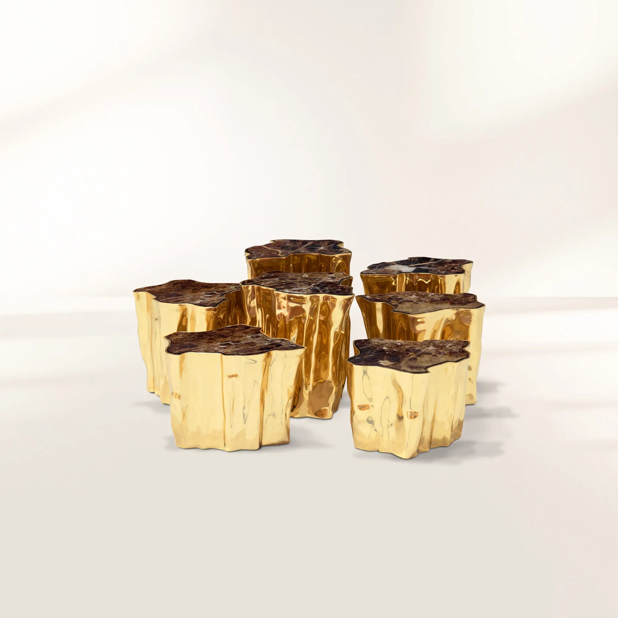 Luxury White Coffee Table with Sculptural Gold Base & Organic Modern Design Center Tea Table