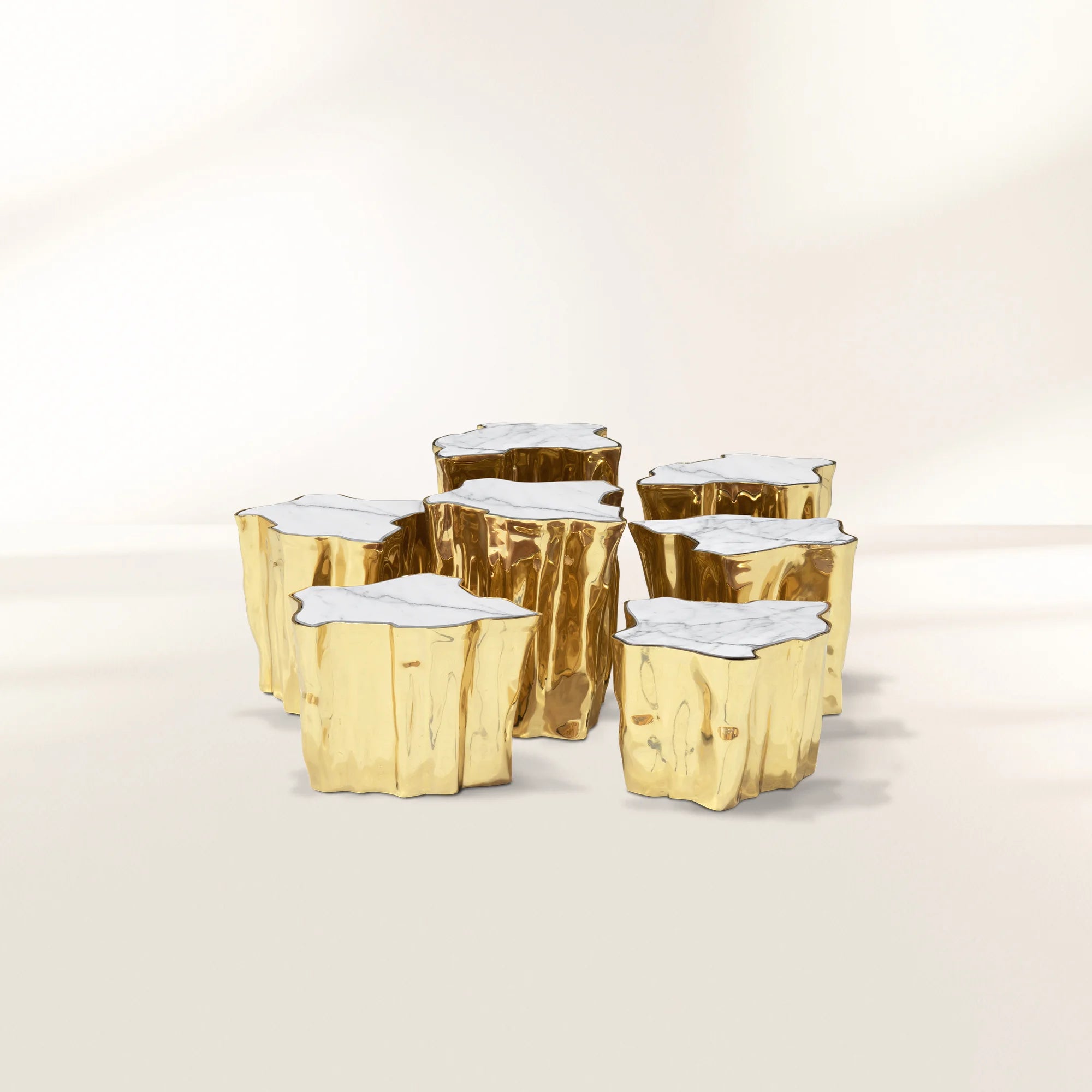 Luxury White Coffee Table with Sculptural Gold Base & Organic Modern Design Center Tea Table